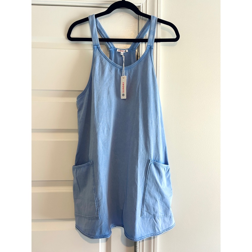 Anthro Sundry Women Blue Racerback Mini Dress Cotton Jersey Pockets NWT Size S